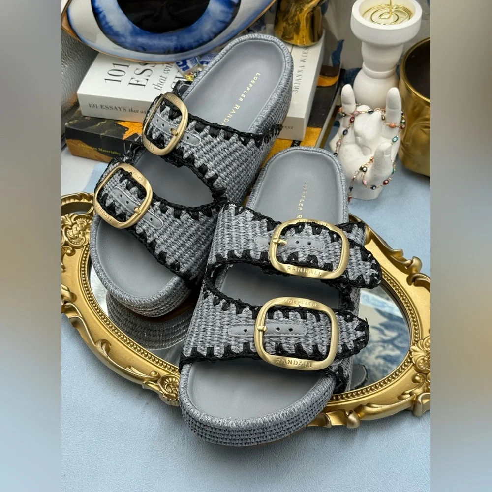 🆕 LOEFFLER RANDALL 🧿 NWOB Theo Embroidered Raffia Platform Sandal, Blue Sz 8